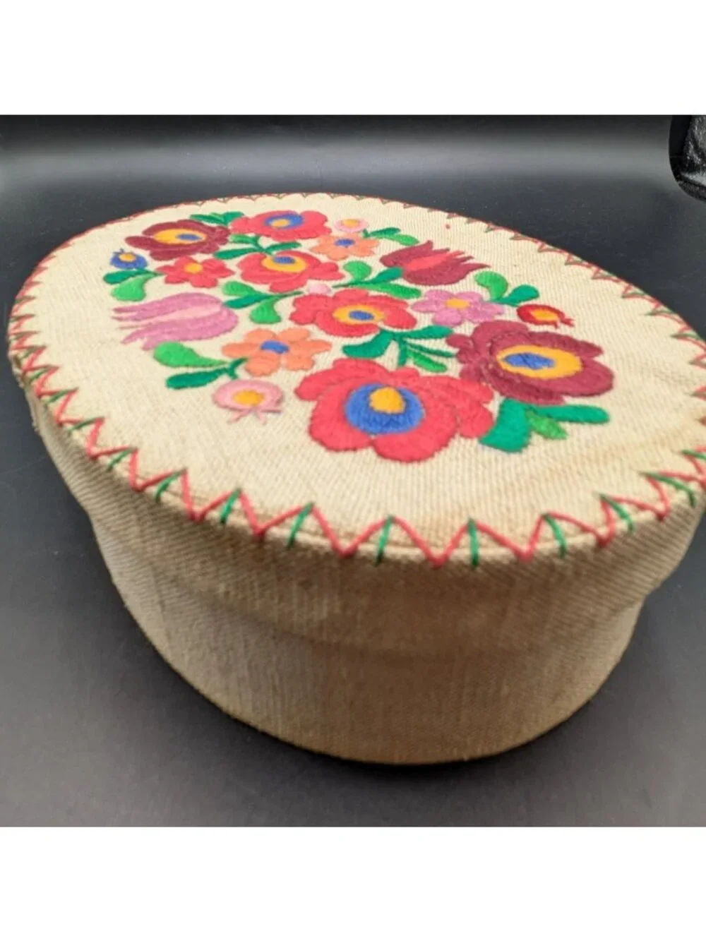 Vintage Embroidered Fabric Jewelry Trinket Box Oval Floral Handmade Germany 8